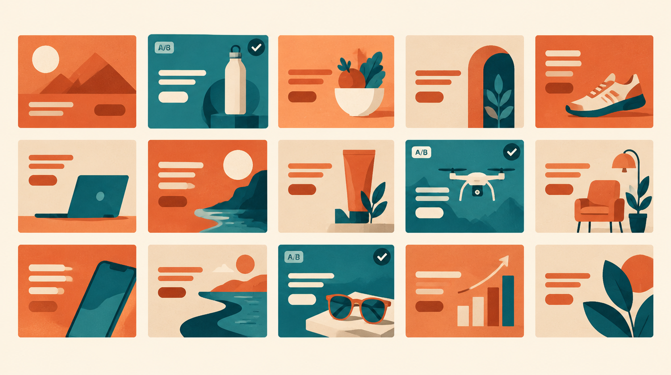Illustration of a grid of ad creative variations being tested