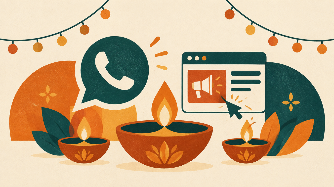 Illustration of diya lamps and string lights alongside a chat bubble and ad icon, symbolising Diwali marketing