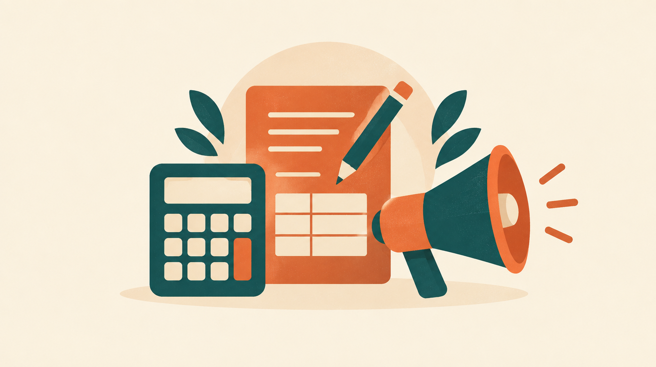 Flat illustration of a calculator, a ledger, and a megaphone representing accounting ads