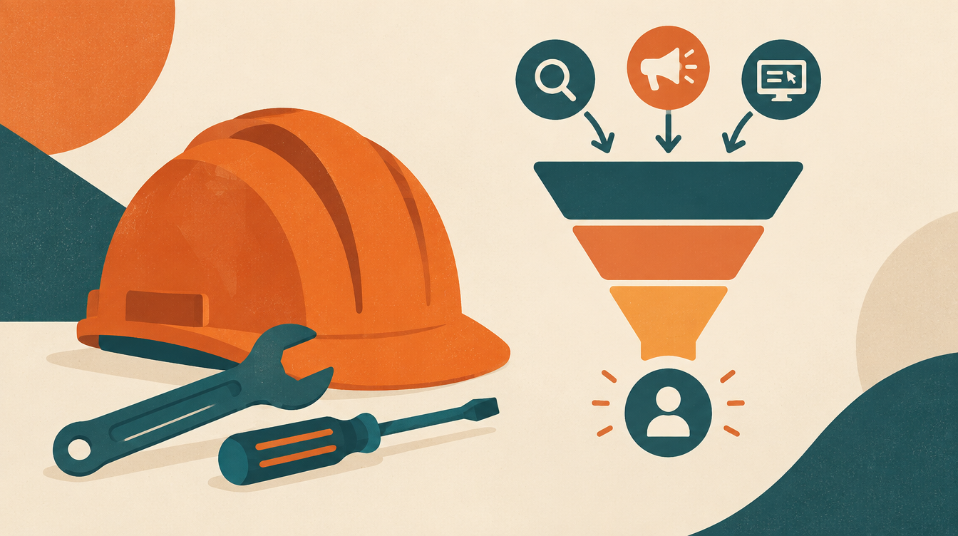 Illustration of a hard hat and tools icon alongside an ad funnel icon