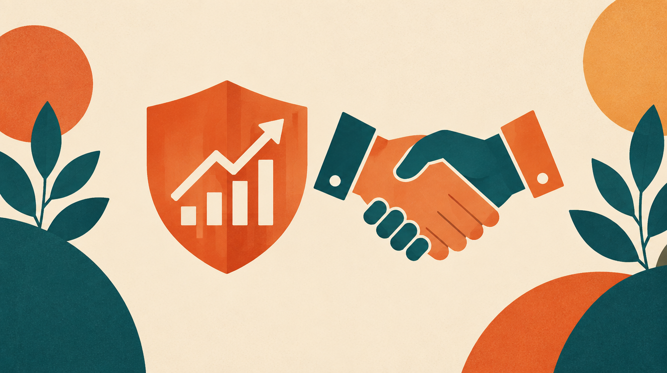 Illustration of a shield with a rising graph, symbolising trust and financial growth