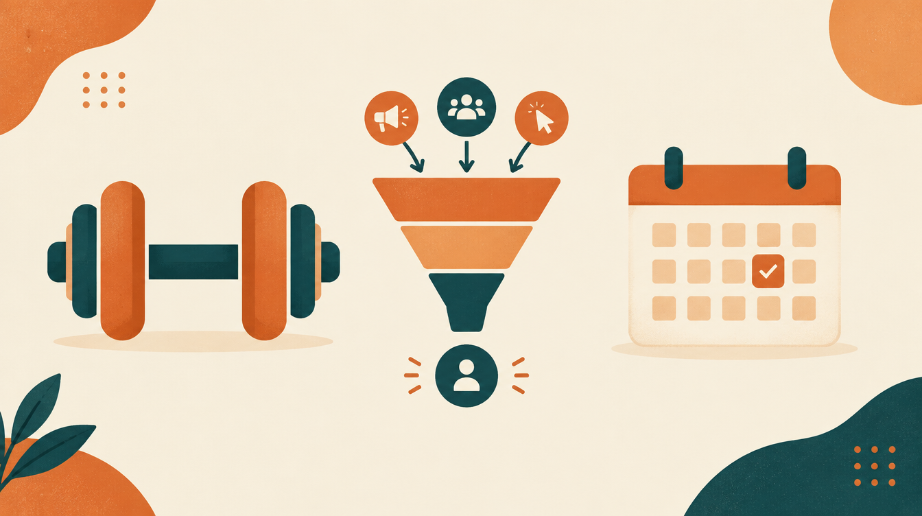 Illustration of a dumbbell icon alongside an ad funnel and calendar icon