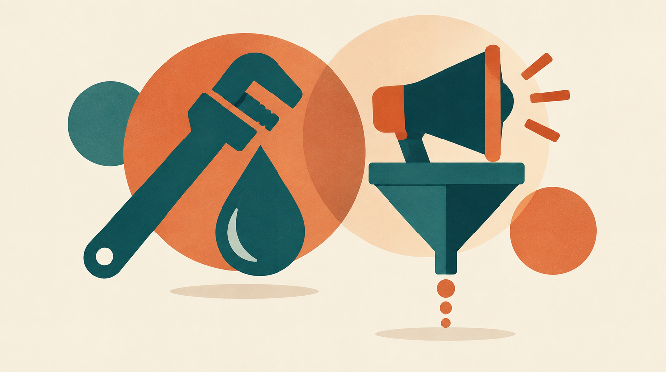Flat illustration of a wrench, a water droplet, and a megaphone icon representing plumbing ads