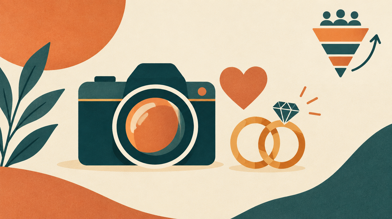 Illustration of a camera icon with a heart and ring, symbolising wedding photography marketing