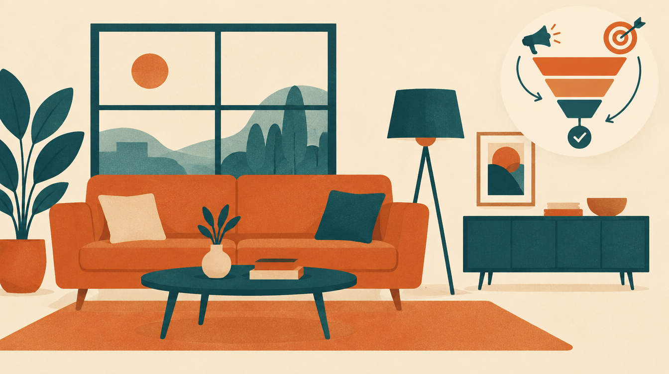 Illustration of a furnished room interior with an ad funnel icon