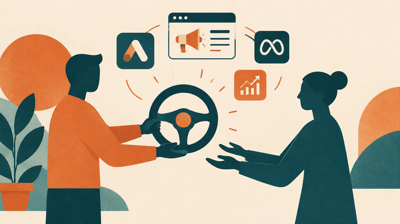 Illustration of a founder handing off ad campaign management, symbolising delegation