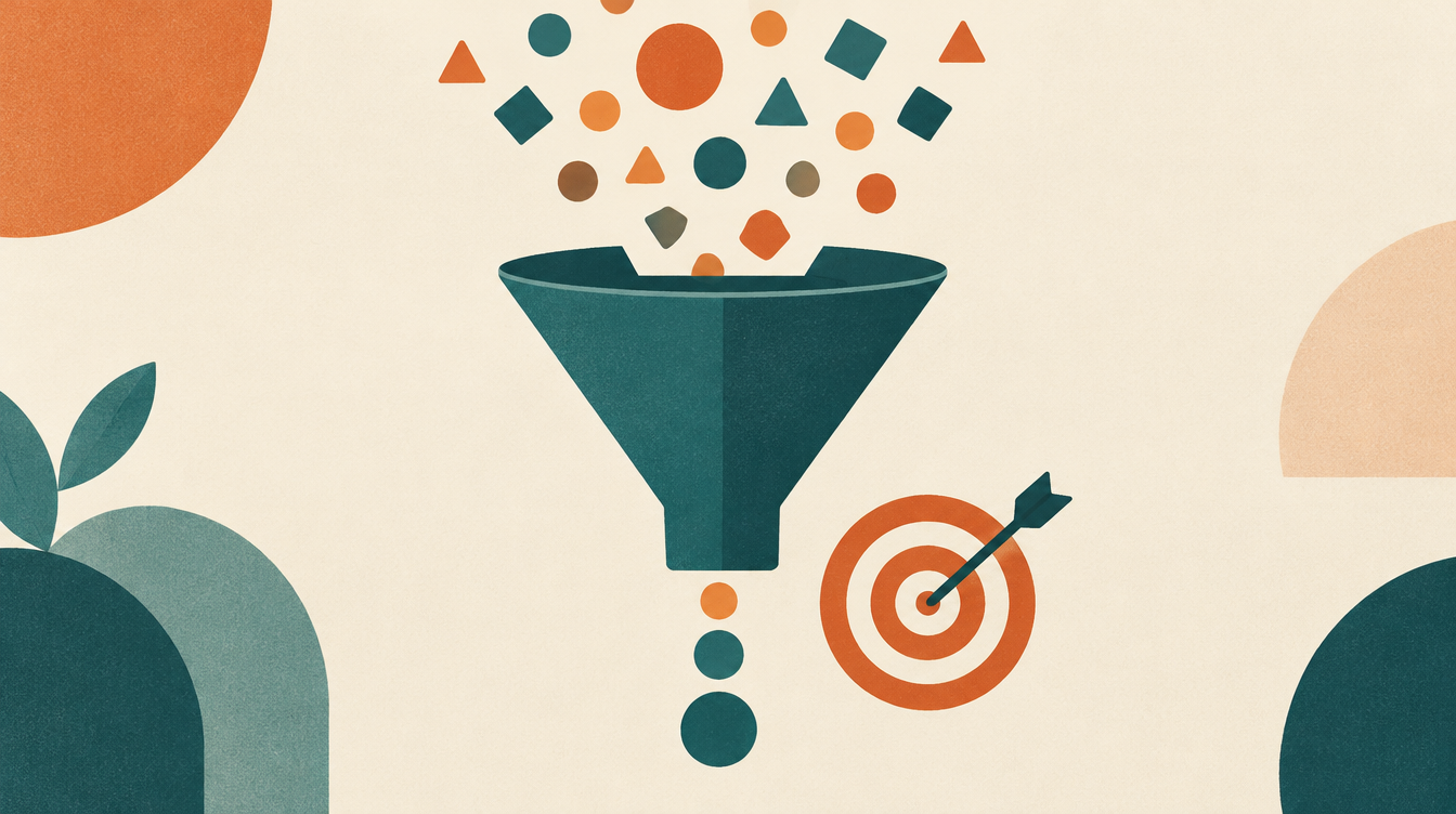 Flat minimalist illustration of a funnel and target icon in terracotta orange and teal, representing lead generation.