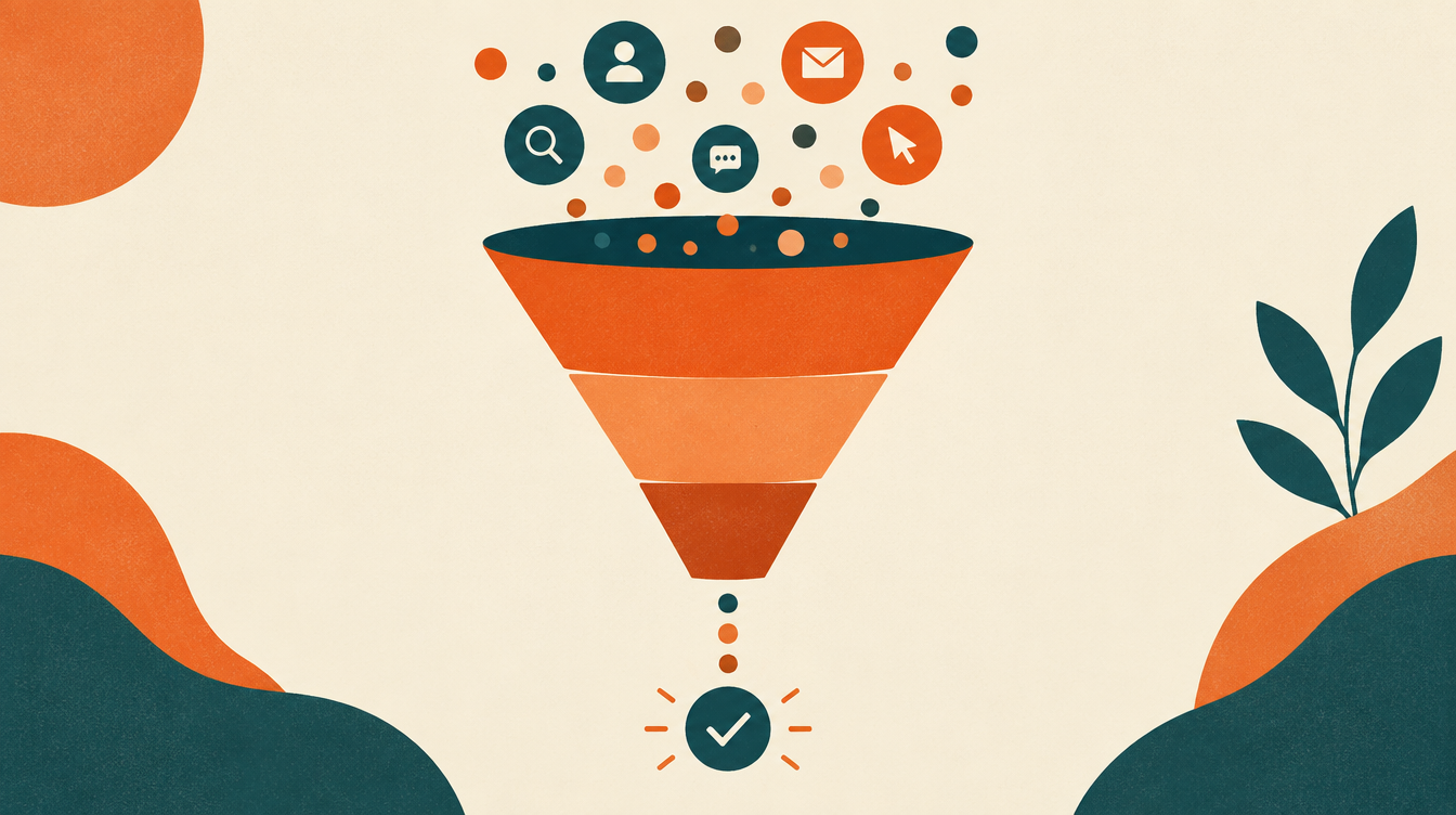 Illustration of a funnel showing leads flowing into a completed sale