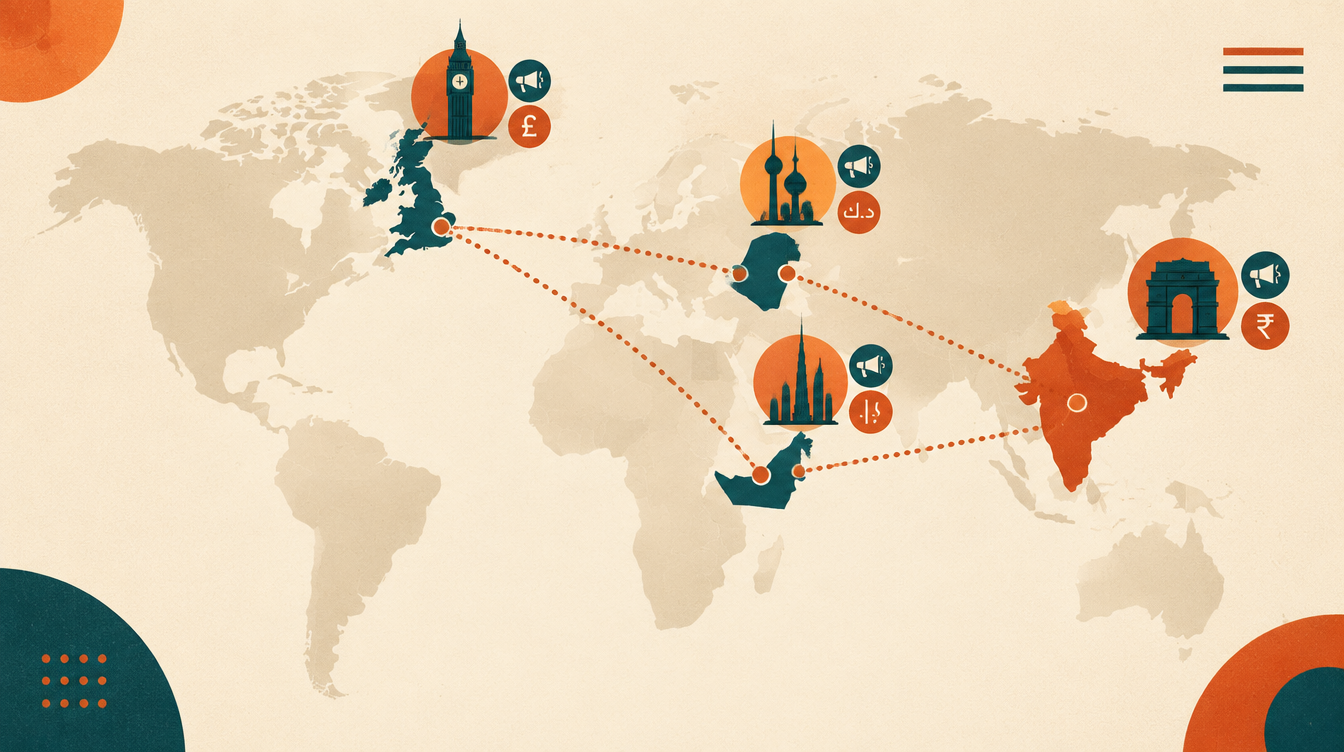 Illustration of a world map highlighting India, UK, UAE and Kuwait connected by ad campaign lines