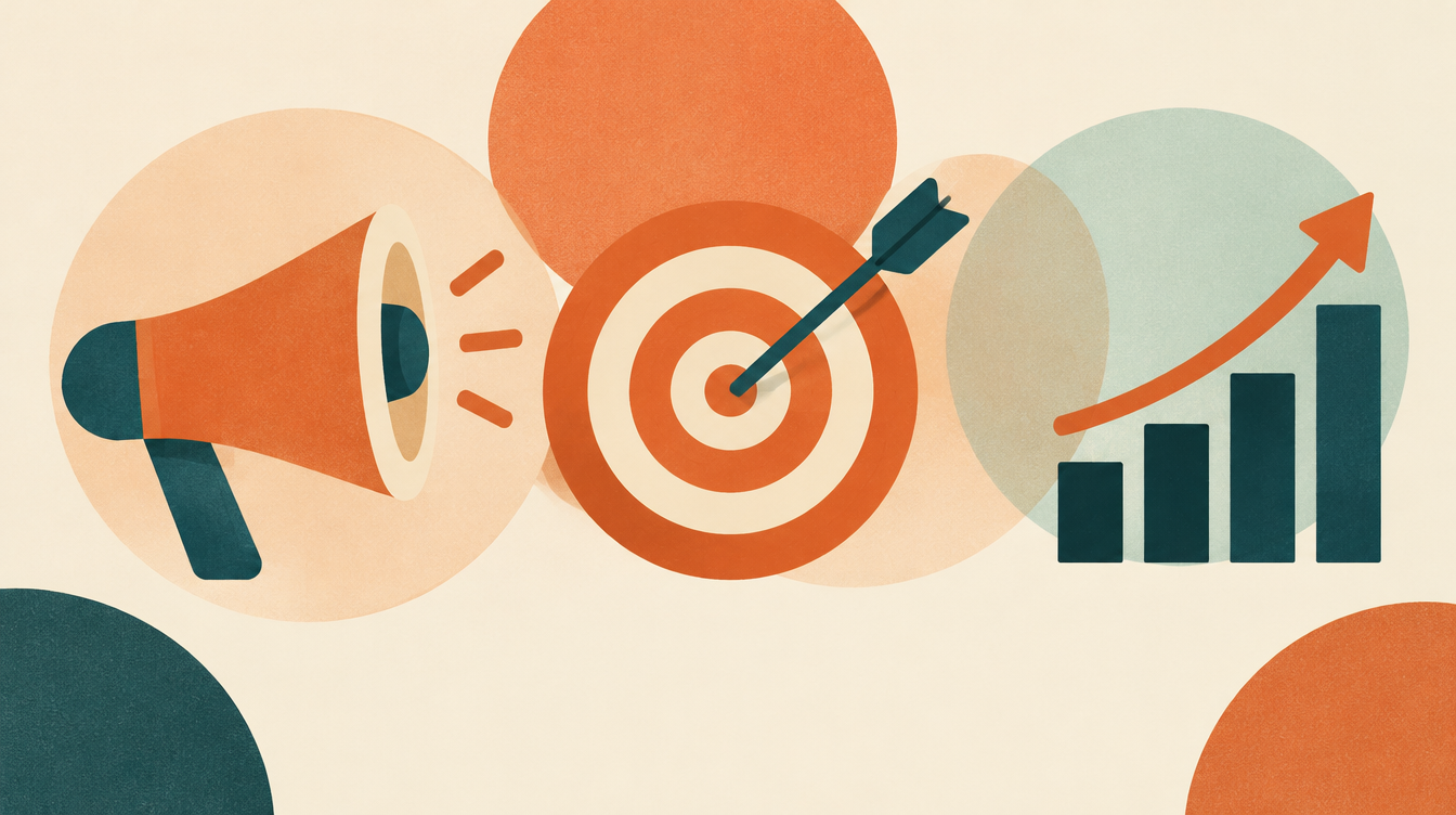 Flat minimalist editorial illustration of a megaphone, a target and a rising bar chart in terracotta-orange and deep teal on a cream background