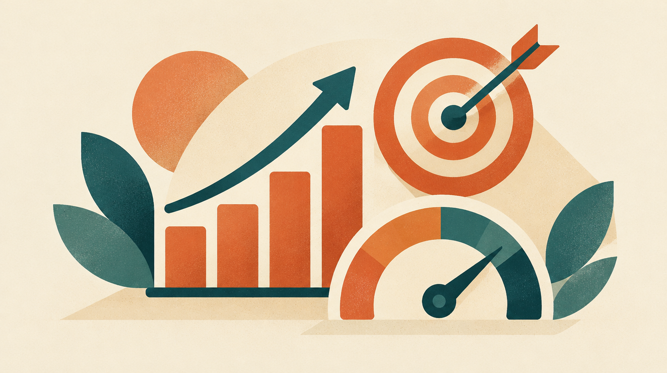 Flat minimalist illustration of a bar chart, target icon and gauge in terracotta and teal, symbolising performance marketing metrics