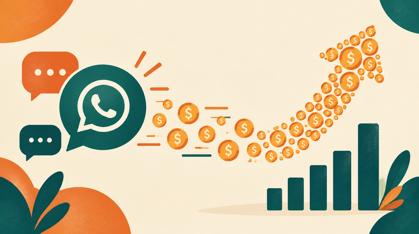 Illustration of chat bubbles turning into revenue, symbolising WhatsApp automation ROI