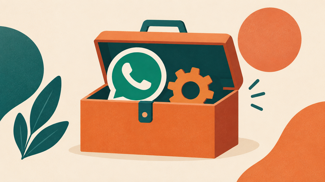 Illustration of an open toolbox with a chat and settings icon, symbolising choosing a WhatsApp automation tool
